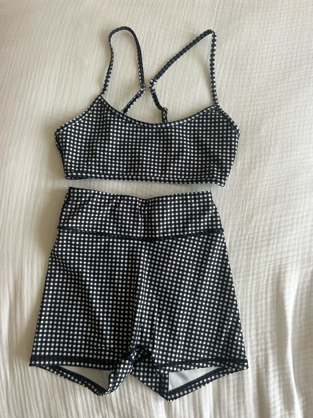 Gingham biker shorts and bra workout set